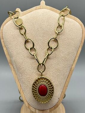 Chico's Gold Tone Oval Reversible Cabachon Statement Necklace 39" Jewelry